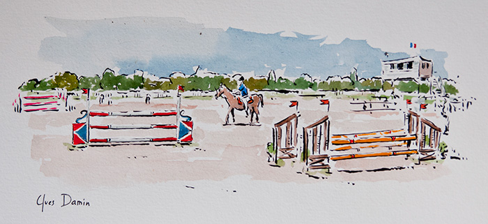 Jumping de Maisons-Laffitte : aquarelle sur papier de l'entraînement