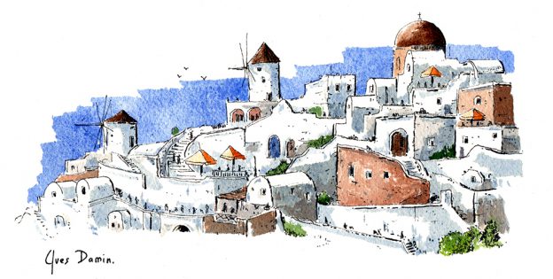aquarelle santorin oia