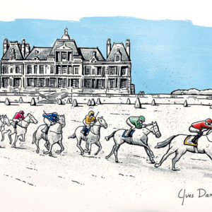 aquarelle de Maisons Laffitte : château et chevaux de course