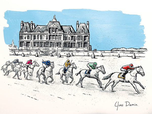 aquarelle de Maisons Laffitte : château et chevaux de course