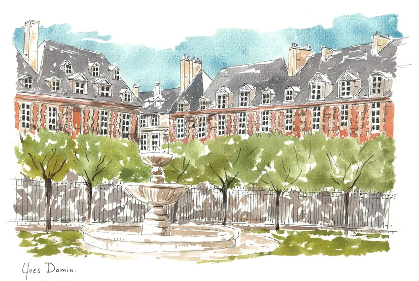 aquarelle de la Place des Vosges à Paris