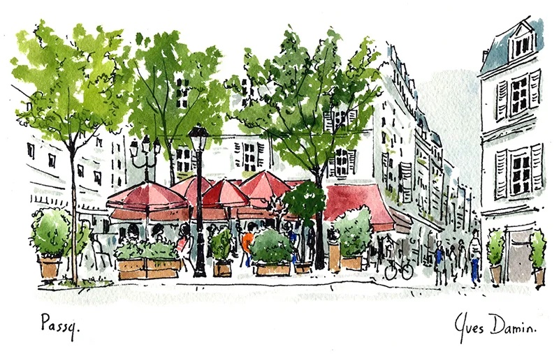 tableau d'une terrasse de café à Paris dans le quartier de Passy