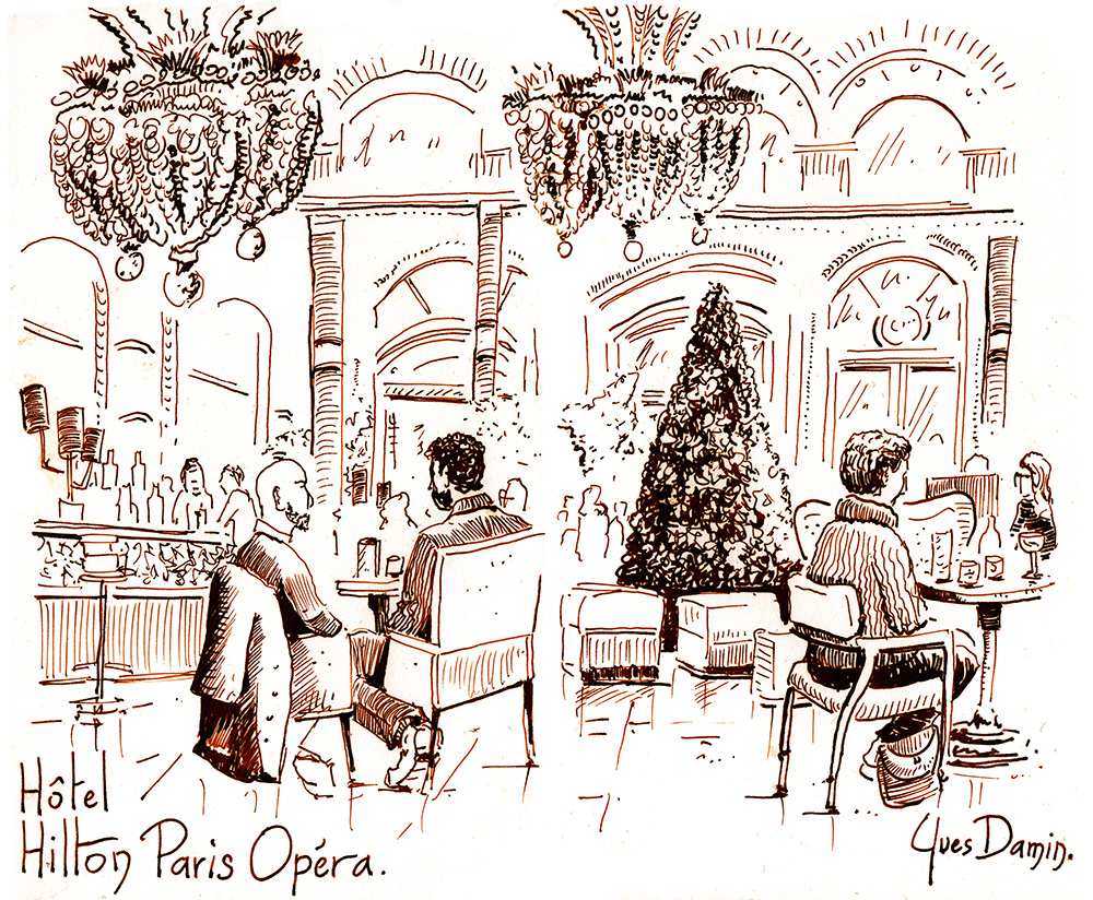 dessin à l'encre sépia de l'hôtel Hilton à Paris Opéra