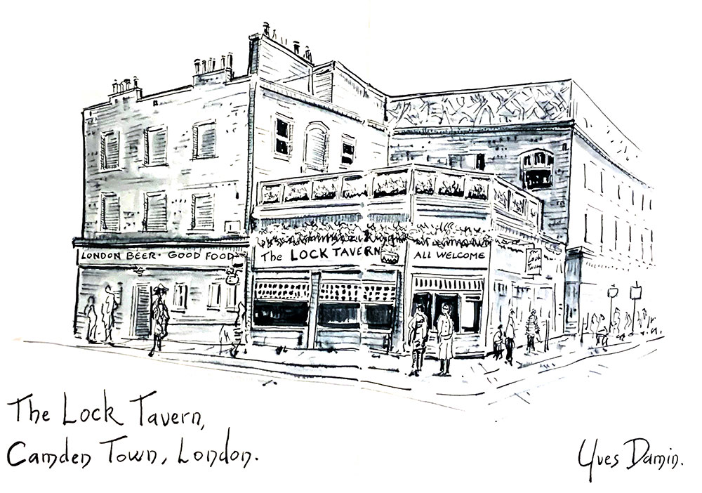 Croquis urbain au lavis du Lock Tavern, dans le quartier de Camden Town à Londres