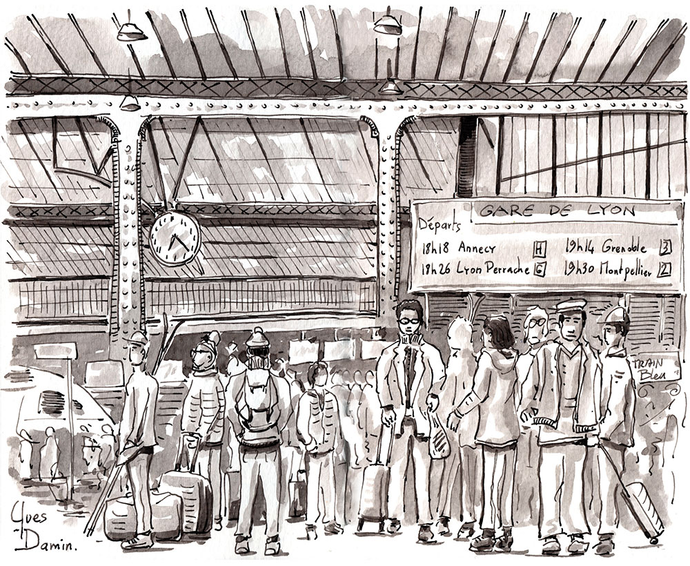 dessin à la plume et à l'encre d'une foule de personnages Gare de Lyon