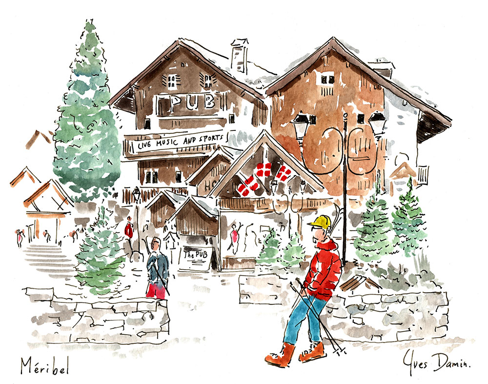 aquarelle de skieurs dans le village de Méribel