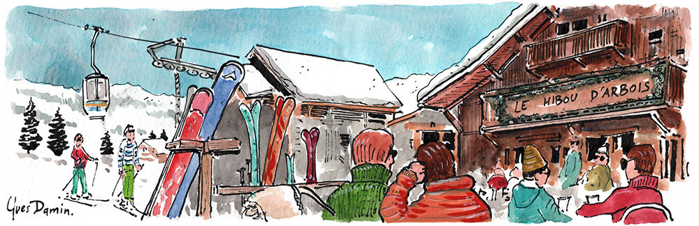 peinture du restaurant et de sa terrasse le Hiboux d'Arbois à Megève