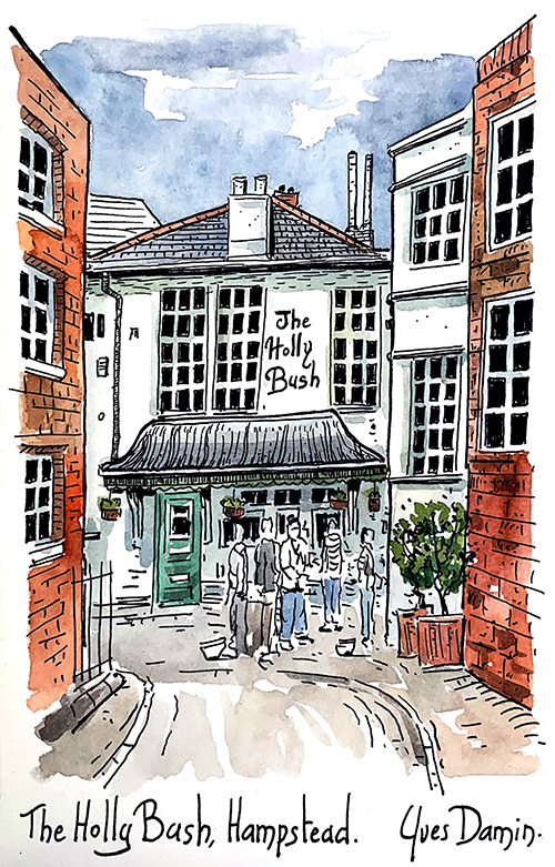 aquarelle du pub anglais "the Holly Bush" à Hampstead, Londres