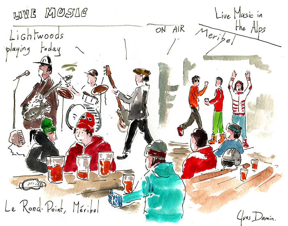 Croquis à l'aquarelle dans mon carnet à dessin d'un groupe de musique rock dans les Alpes à Méribel
